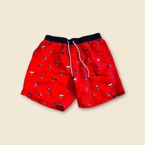 Tommy Bahama Swim Board Shorts Trunks Mens Sz L Red Surf Print Elastic Waist✅‎